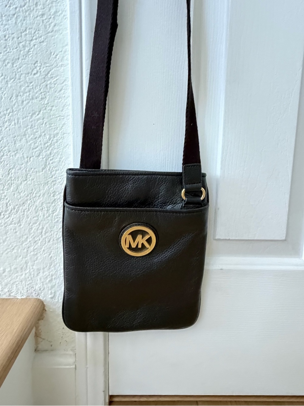Michael Kors Black Leather Messenger with Gold MK Emblem